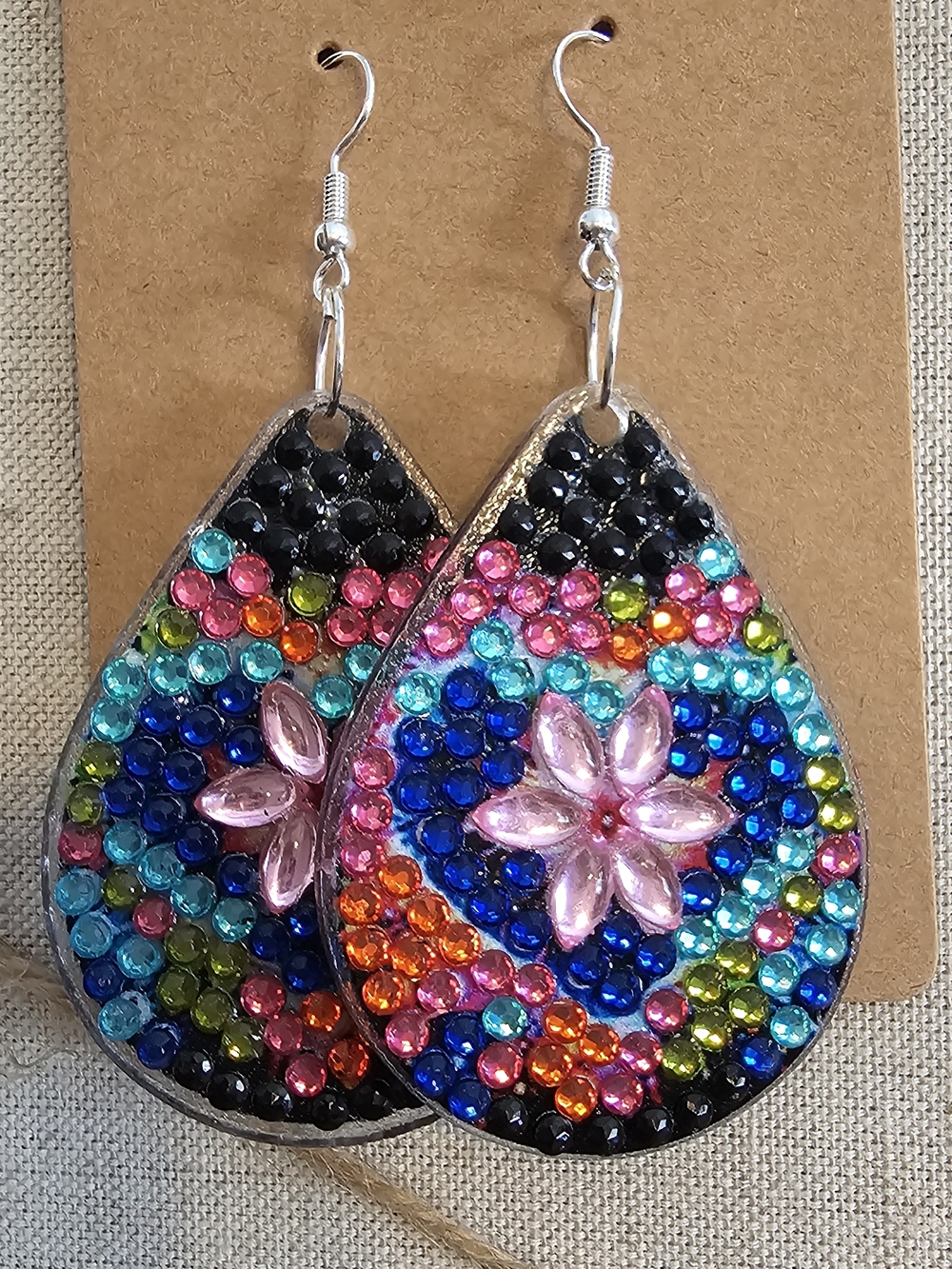 Colorful Teardrop Floral Crystal Earrings - Pink & Multicolor